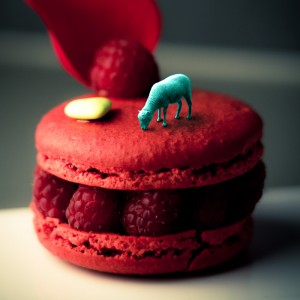 Un mouton bleu miniature broutant sur un macaron géant... Création graphique pour CréativeDéco